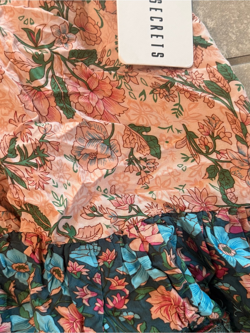 Peach Floral Halter Dress With Teal Contrast Hem — image 2 of 3